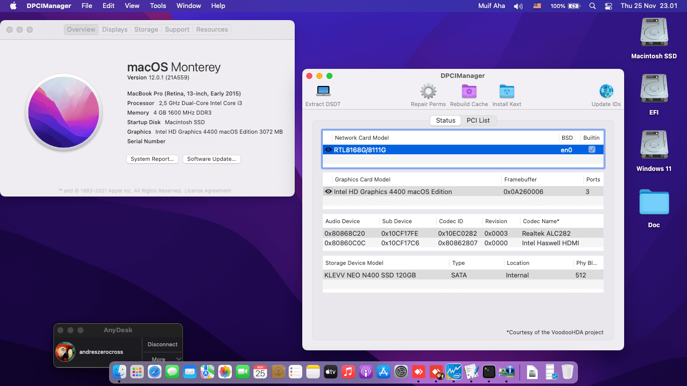 Success Hackintosh macOS Monterey 12.0.1 Build 21A559 in Fujitsu LifeBook A574